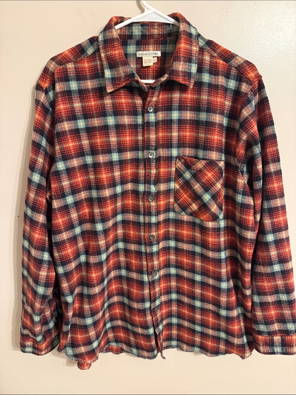 Carbon 2 Cobalt Mens Large Red Plaid 100% Cotton Long Sleeve Button Down Flannel